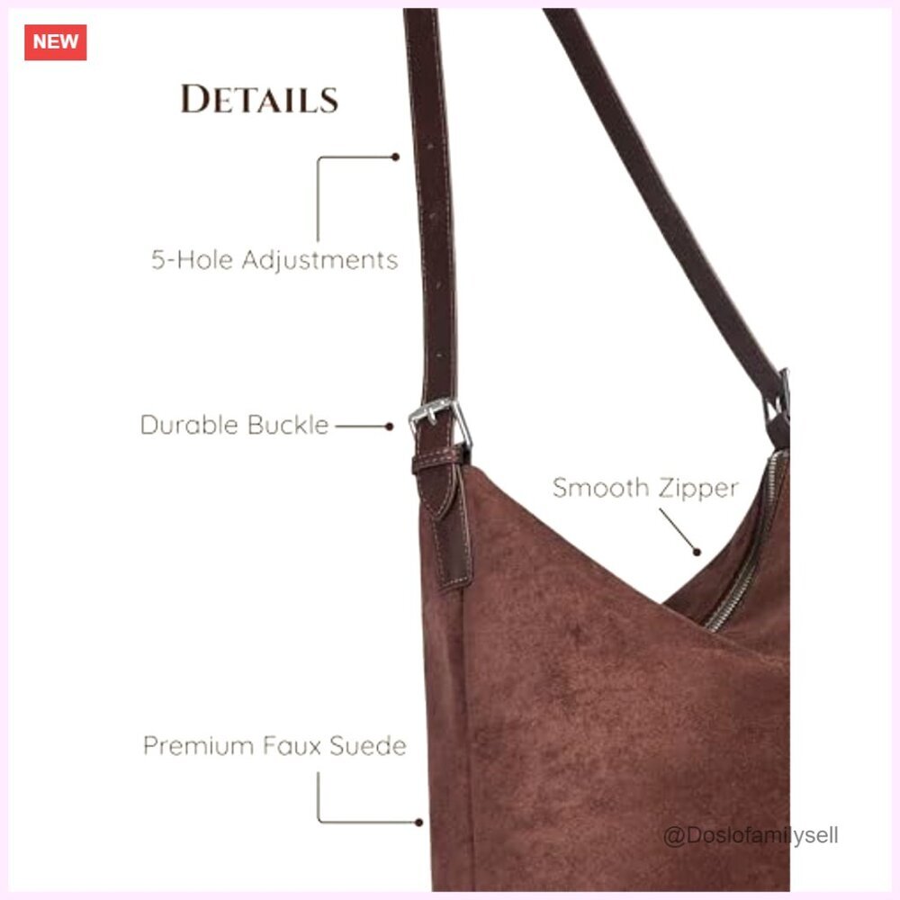 Suede Shoulder Bag Slouchy Hobo Tote Adjustable Strap Minimalist Vintage Office - Picture 6 of 7